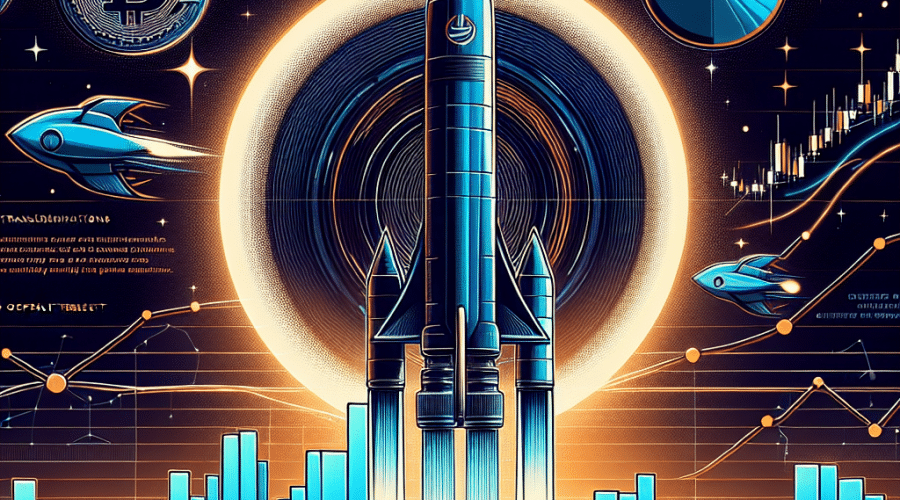 "Rocket representing Fartcoin's rising prices soaring upwards with a backdrop of a dark blue (#000D43) bubble chart showcasing large Fartcoin transactions and future open interest rate. Orange (#FF9811) highlights indicate growing demands in the derivatives market and whales accumulation. The image includes a smaller diagram of bullish trend indicating a potential reversal symbolizing technical analysis. 'Fartcoin's Stellar Rally & Whales' Accumulation' title in midnight blue (#021B88) completes the 1200x628 pixels sized image suitable for a blog post."