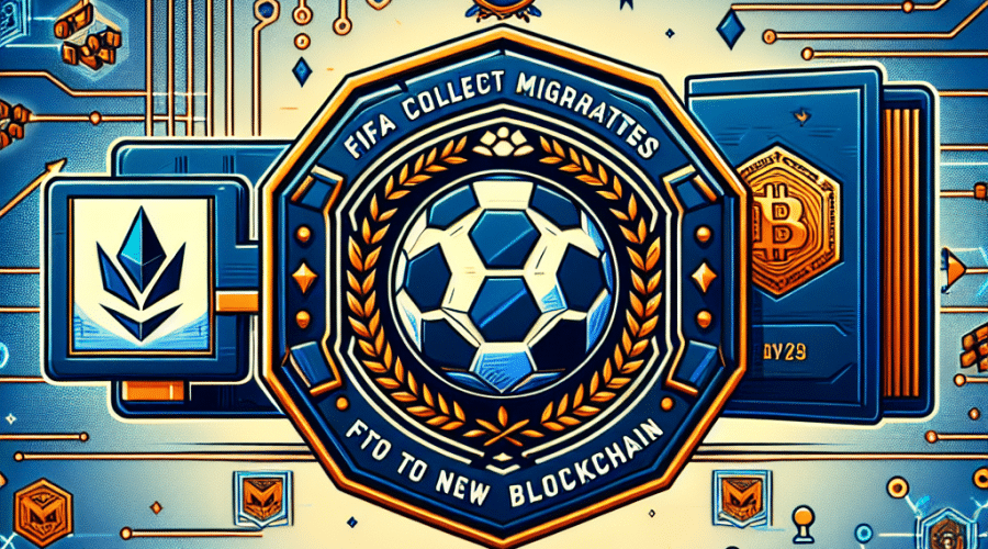 "Emblema de FIFA en el centro con patrones de tecnología blockchain en el fondo, texto 'FIFA Collect Migrates to New Blockchain' en color azul oscuro en la parte superior. En la esquina inferior izquierda, se visualiza una billetera MetaMask conectándose en color naranja para representar la compatibilidad con la nueva plataforma y debajo el texto 'Mayo 2025' en azul medianoche. La imagen tiene las dimensiones de 1200 x 628 píxeles."
