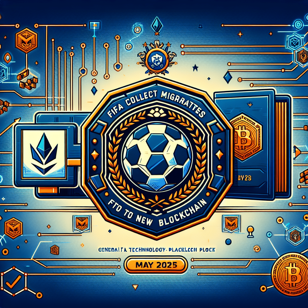 "Emblema de FIFA en el centro con patrones de tecnología blockchain en el fondo, texto 'FIFA Collect Migrates to New Blockchain' en color azul oscuro en la parte superior. En la esquina inferior izquierda, se visualiza una billetera MetaMask conectándose en color naranja para representar la compatibilidad con la nueva plataforma y debajo el texto 'Mayo 2025' en azul medianoche. La imagen tiene las dimensiones de 1200 x 628 píxeles."