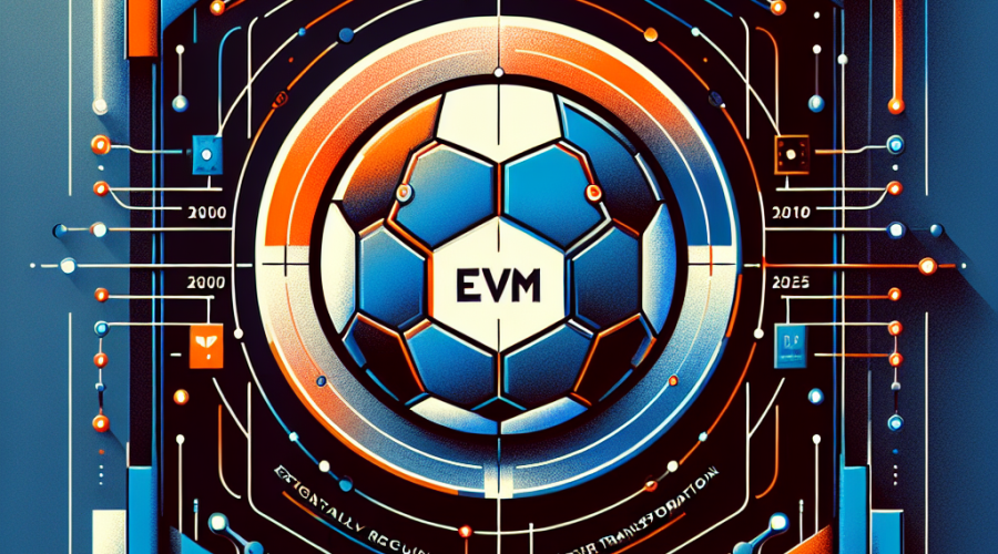 "FIFA logo intricately weaved with EVM-compatible blockchain symbol against a backdrop of digital transformation motifs, marking the significant transition of FIFA Collect's digital platform on May 20, 2025. The image brilliantly incorporates the brand colors Orange #FF9811, Dark blue #000D43, and Midnight blue #021B88. Size of 1200 x 628 pixels."