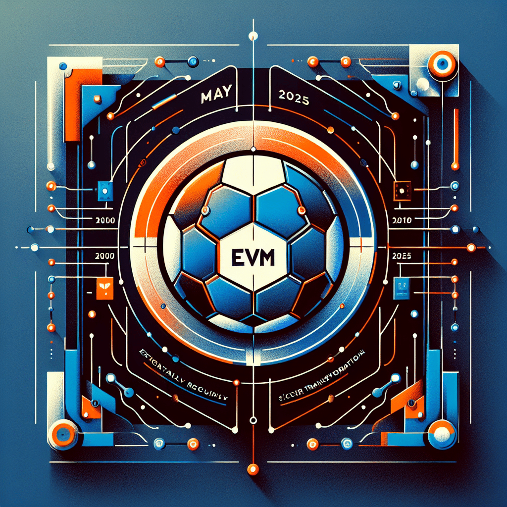 "FIFA logo intricately weaved with EVM-compatible blockchain symbol against a backdrop of digital transformation motifs, marking the significant transition of FIFA Collect's digital platform on May 20, 2025. The image brilliantly incorporates the brand colors Orange #FF9811, Dark blue #000D43, and Midnight blue #021B88. Size of 1200 x 628 pixels."