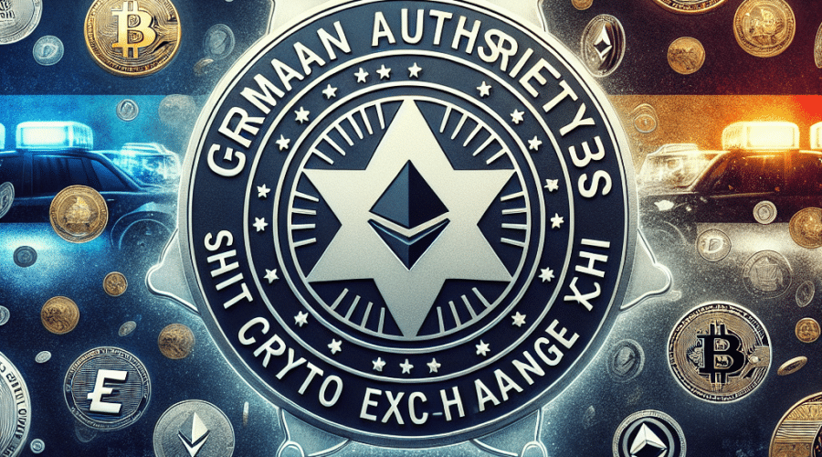 "German authority badge over a background of falling cryptocurrency coins including Ethereum, Bitcoin, Litecoin, and Dash, transitioning from shades of midnight blue to brand orange. Center text reads 'German Authorities Shut Down Crypto Exchange eXch - €34 Million Seized', with the date 'April 30th' unobtrusively placed in the bottom right corner, referencing a major crypto laundering crackdown."