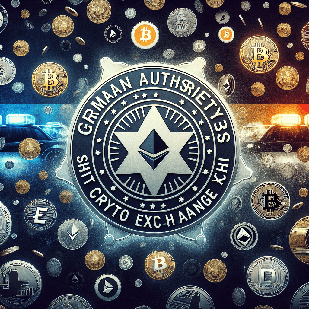 "German authority badge over a background of falling cryptocurrency coins including Ethereum, Bitcoin, Litecoin, and Dash, transitioning from shades of midnight blue to brand orange. Center text reads 'German Authorities Shut Down Crypto Exchange eXch - €34 Million Seized', with the date 'April 30th' unobtrusively placed in the bottom right corner, referencing a major crypto laundering crackdown."