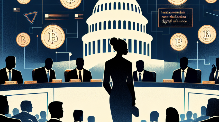 "U.S. House of Representatives featuring Representative Maxine Waters walking out in opposition, with prominent cryptocurrency symbols, $1.5 million price tag plate, and a representation of President Trump linked to crypto, on a dark blue to midnight blue gradient background. The headline reads 'House Crypto Hearing Turns Heated over President Trump's Involvement' with significant elements highlighted in orange. Image dimensions 1200 x 628 pixels."