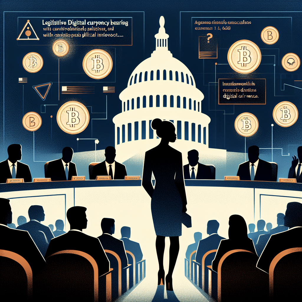 "U.S. House of Representatives featuring Representative Maxine Waters walking out in opposition, with prominent cryptocurrency symbols, $1.5 million price tag plate, and a representation of President Trump linked to crypto, on a dark blue to midnight blue gradient background. The headline reads 'House Crypto Hearing Turns Heated over President Trump's Involvement' with significant elements highlighted in orange. Image dimensions 1200 x 628 pixels."