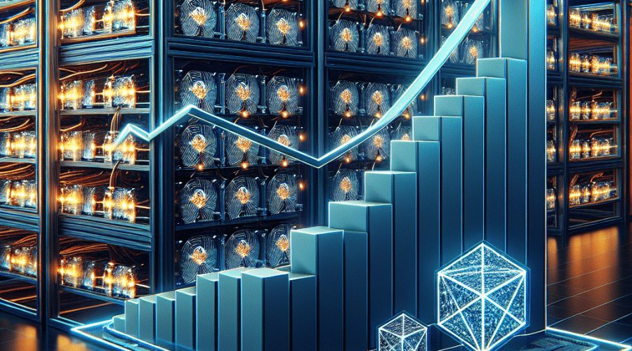 "Futuristic cryptocurrency mining farm illustration in vibrant shades of Orange, Dark Blue, and Midnight Blue, showcasing a 79% increase in hashrate graph under the Hut 8 logo. High-energy consumption elements representing a 1,020 megawatt capacity are incorporated in this sleek and professional 1200 x 628 pixels image, perfectly suited for a WordPress blog post related to cryptocurrency topics."