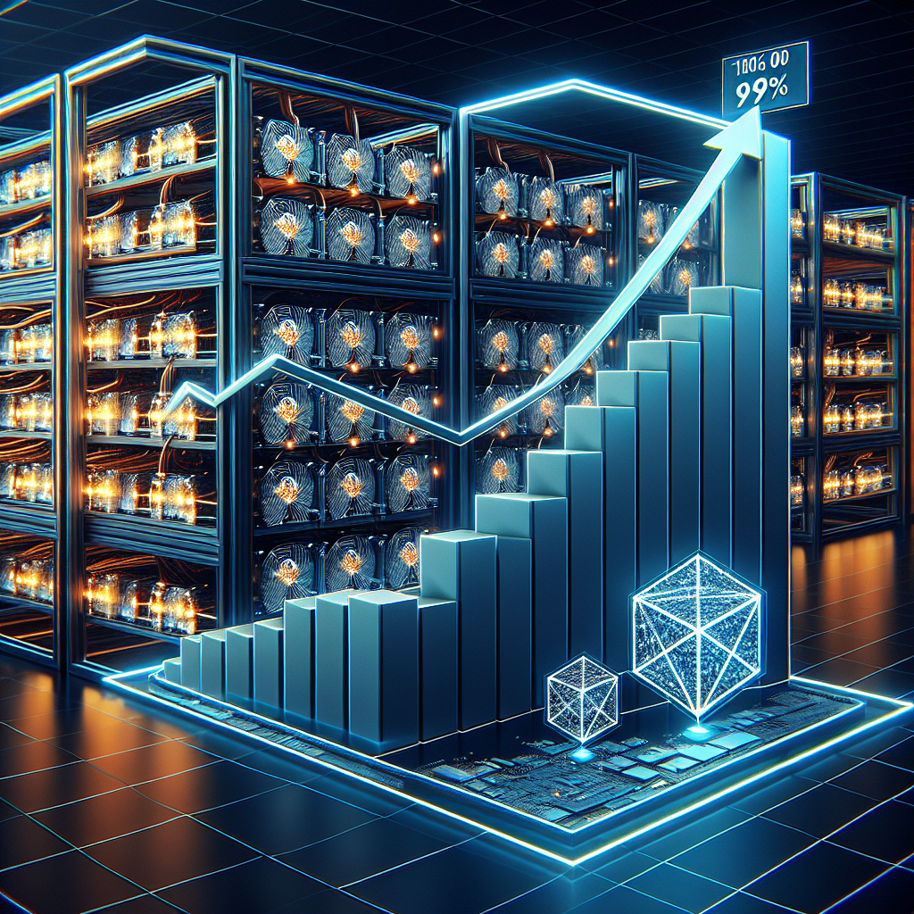 "Futuristic cryptocurrency mining farm illustration in vibrant shades of Orange, Dark Blue, and Midnight Blue, showcasing a 79% increase in hashrate graph under the Hut 8 logo. High-energy consumption elements representing a 1,020 megawatt capacity are incorporated in this sleek and professional 1200 x 628 pixels image, perfectly suited for a WordPress blog post related to cryptocurrency topics."
