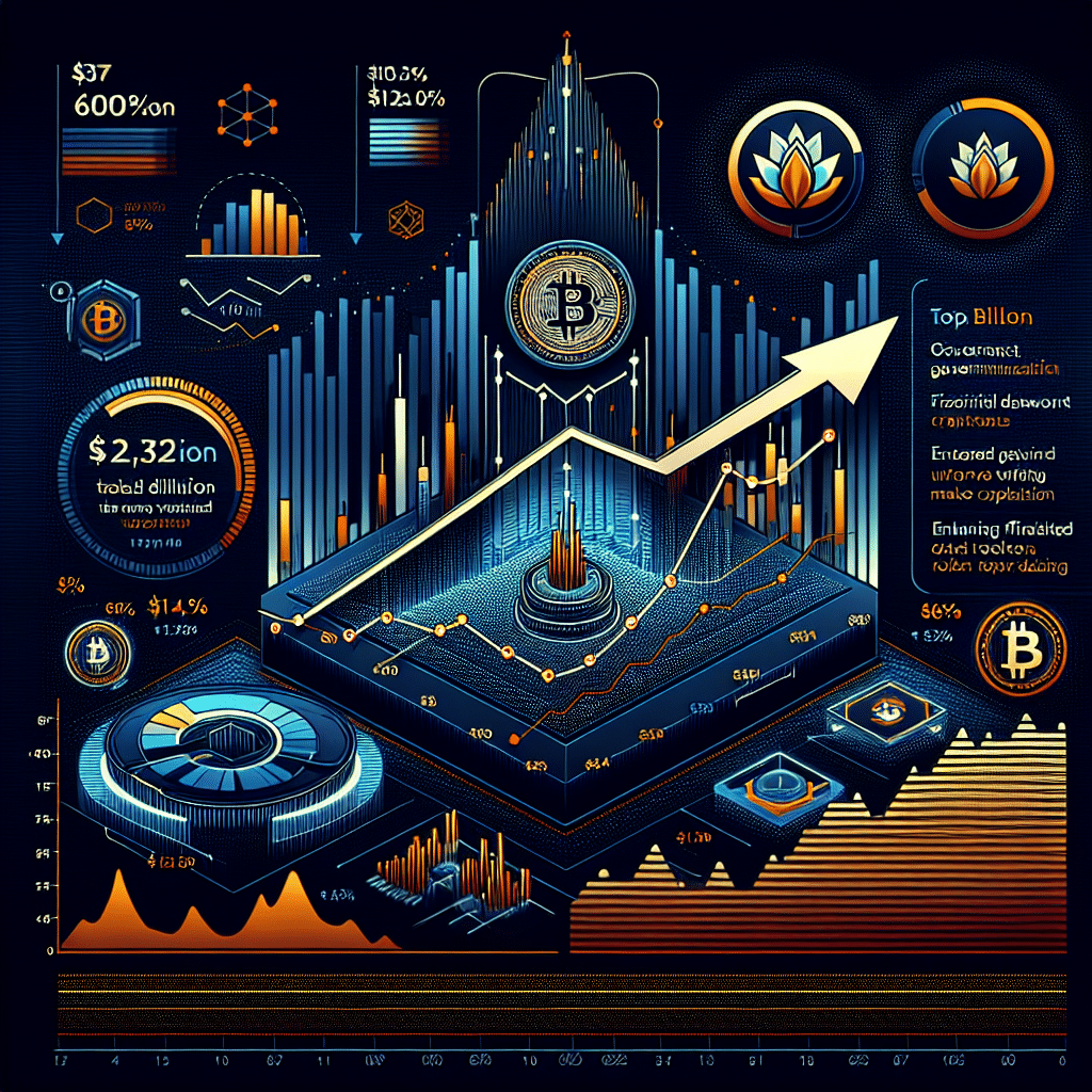 "Digital abstract graphic showcasing Hyperliquid's HYPE token surge in value on a dark blue gradient background, BTC's all-time high breakout, CFTC symbol, US flag, '60%', '', 'top 15 tokens', '.5 billion market cap', '.2 billion fully diluted valuation' highlighted in Orange #FF9811, upward arrow indicating increasing total-value-locked (TVL) reaching .33 billion and entering the top 10 chains. For a 1200x628 pixels Wordpress blog post, promoting perpetual futures trading in the U.S."