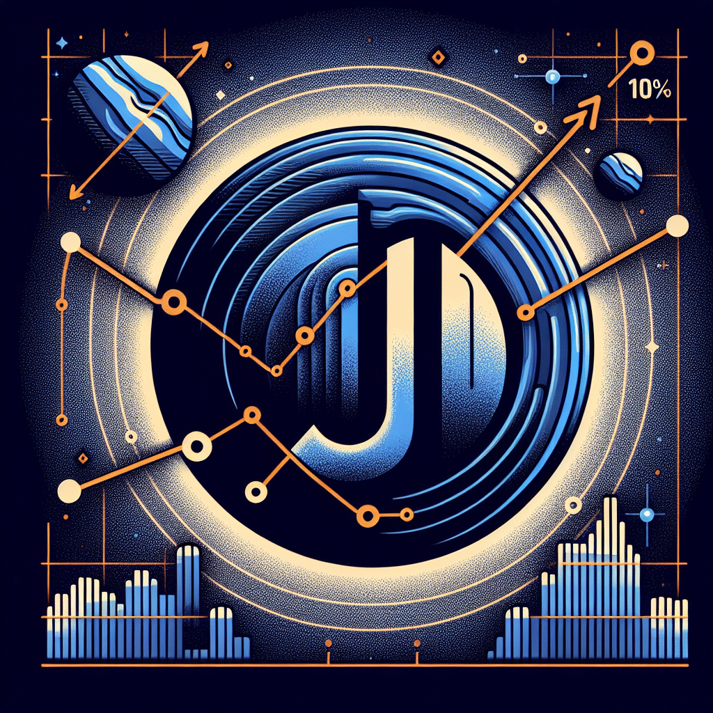 "SEO alt-text: Jupiter logo in midnight and dark blue colours showcasing a 10% price surge of JUP token, depicted by an ascending orange line graph. Text '#JUP surge following Jupiter Lend announcement' in orange overlays the graph. The background subtly features elements from Solana blockchain and a stylized rendition of lending protocol, all designed in a 1200x628 pixel dimension."