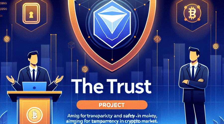"KuCoin themed digital assets background in dark and midnight blue gradients, featuring a secured shield icon demonstrating user safety, with the bright orange bold title saying 'The Trust Project'. Secondary text at the bottom emphasizes the project's mission for transparency, and safety in Crypto Market; subtly incorporated KCS token icon. To the side, a representation of KuCoin CEO BC Wong delivering a keynote speech. Image dimensions are 1200x628 pixels for optimal viewing."