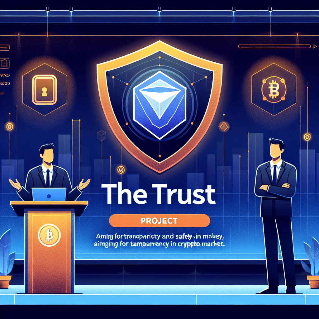 "KuCoin themed digital assets background in dark and midnight blue gradients, featuring a secured shield icon demonstrating user safety, with the bright orange bold title saying 'The Trust Project'. Secondary text at the bottom emphasizes the project's mission for transparency, and safety in Crypto Market; subtly incorporated KCS token icon. To the side, a representation of KuCoin CEO BC Wong delivering a keynote speech. Image dimensions are 1200x628 pixels for optimal viewing."