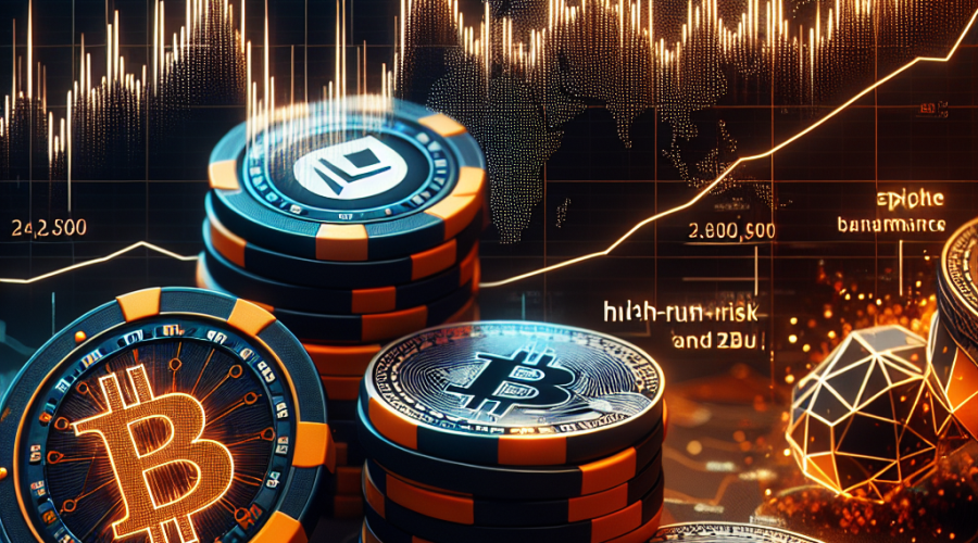 "High-risk token financial dashboard displaying data statistics and graphs related to Bitcoin, Dogecoin, and Pump.Fun coloured in contrasting shades of orange and dark blue. The image effectively portrays the market volatility with fluctuating lines and spikes. The overlay of traditional casino chips converting into cryptocurrency coins alludes to the gambling mindset of traders, effectively marrying traditional and digital financial concepts. The dashboard incorporates the brand's colours for seamless brand identity."