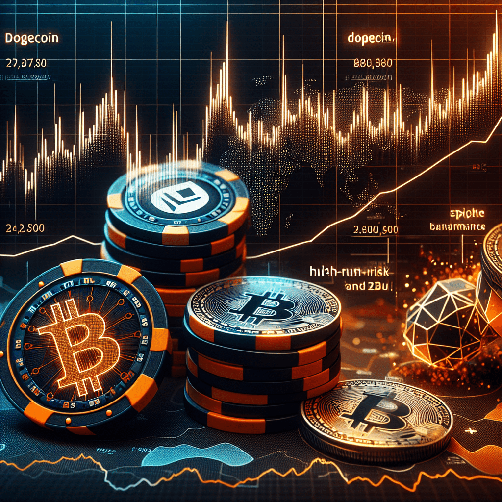 "High-risk token financial dashboard displaying data statistics and graphs related to Bitcoin, Dogecoin, and Pump.Fun coloured in contrasting shades of orange and dark blue. The image effectively portrays the market volatility with fluctuating lines and spikes. The overlay of traditional casino chips converting into cryptocurrency coins alludes to the gambling mindset of traders, effectively marrying traditional and digital financial concepts. The dashboard incorporates the brand's colours for seamless brand identity."