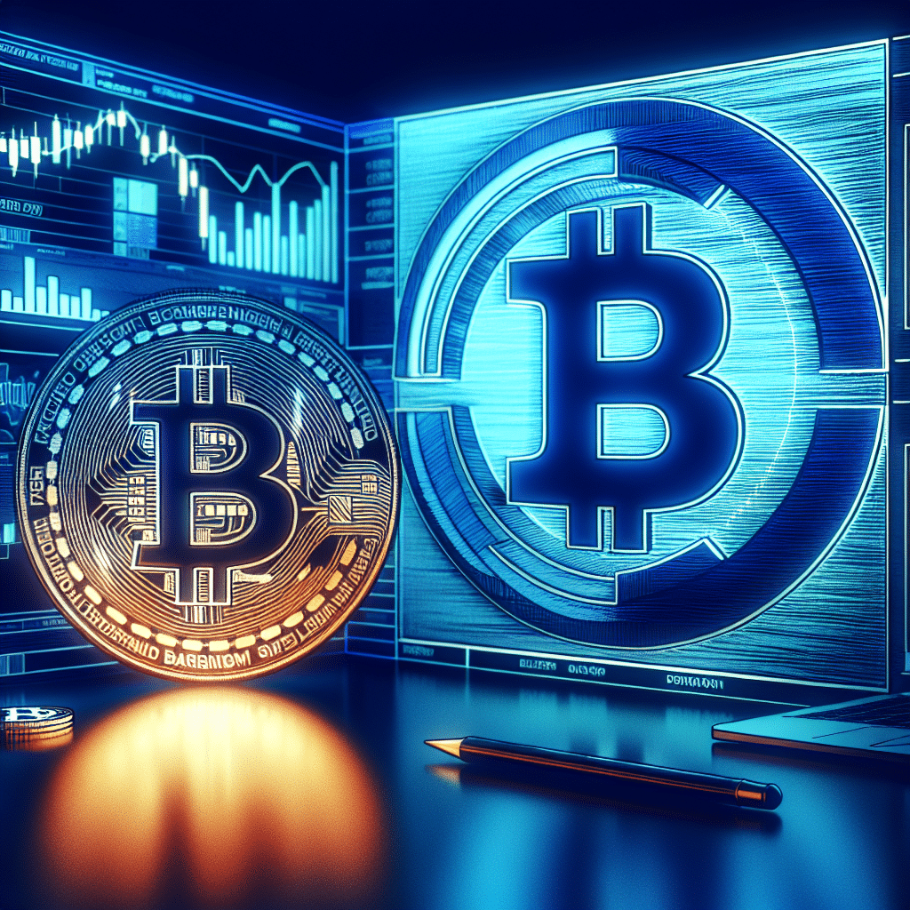 "Digital illustration showcasing Morgan Stanley logo with Bitcoin symbol reflection, indicating their shift to cryptocurrency trading, contrasted against a blurred E*Trade platform screen in brand colour orange and a dark blue background. Featured Bitcoin symbol painted in midnight blue."