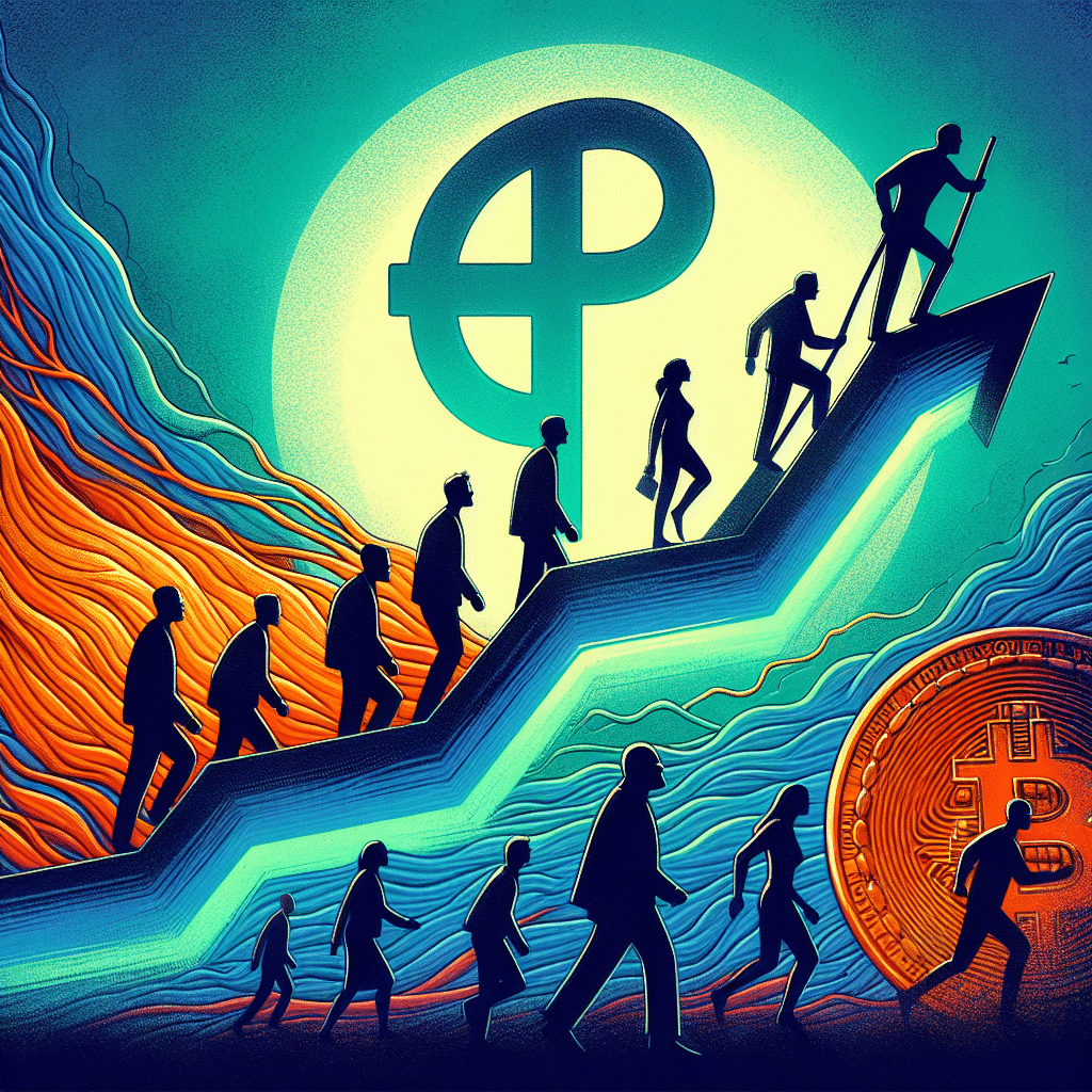 "Potente imagen en color azul intenso (#021B88) mostrando siluetas de diversas startups ascendiendo por una línea en crescendo de colores vivos (#FF9811 y #000D43), simbolizando su crecimiento y progreso. Un gran símbolo de PI (para Pi Network) en naranja brillante se presenta sutilmente en el fondo. En primer plano, se añade una ilustración de un billete de $100 millones de dólares enrollado, que representa la inversión realizada por Pi Network Ventures."