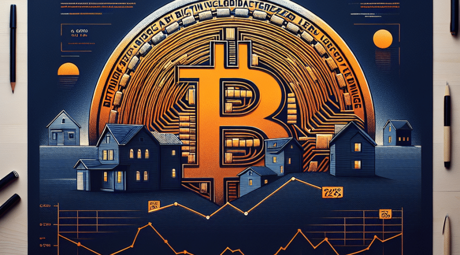 "Fondo degradado de Azul Oscuro (#000D43) a Azul Medianoche (#021B88) con un gran Bitcoin de color naranja (#FF9811) en el centro, que contiene casas hipotecadas. Frases en blanco y negrita arriba y abajo de la moneda: en la parte superior 'Préstamos de Strike garantizados con Bitcoin' y en la parte inferior '12%-13% APR'. En el extremo derecho, una barra vertical con una gráfica ascendente que representa las tasas de Bitcoin en una tonalidad anaranjada más clara."