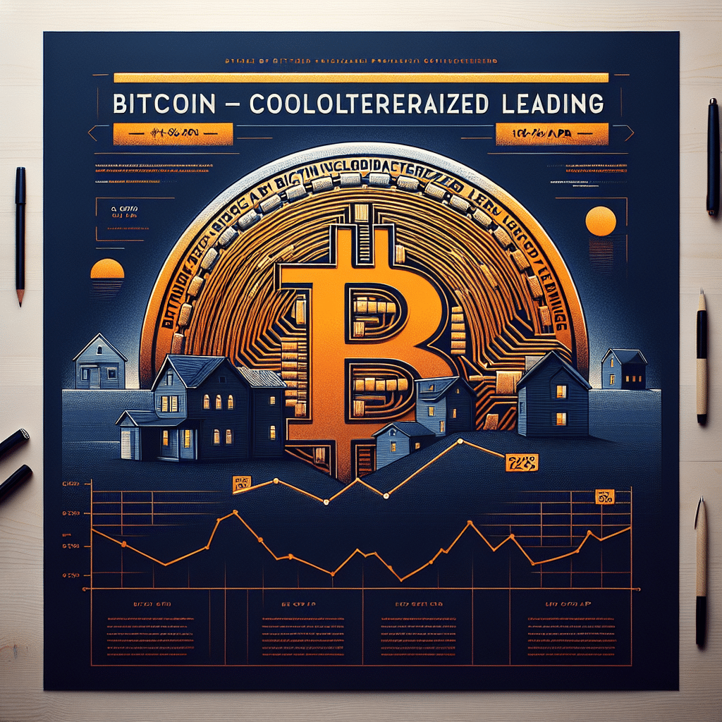 "Fondo degradado de Azul Oscuro (#000D43) a Azul Medianoche (#021B88) con un gran Bitcoin de color naranja (#FF9811) en el centro, que contiene casas hipotecadas. Frases en blanco y negrita arriba y abajo de la moneda: en la parte superior 'Préstamos de Strike garantizados con Bitcoin' y en la parte inferior '12%-13% APR'. En el extremo derecho, una barra vertical con una gráfica ascendente que representa las tasas de Bitcoin en una tonalidad anaranjada más clara."