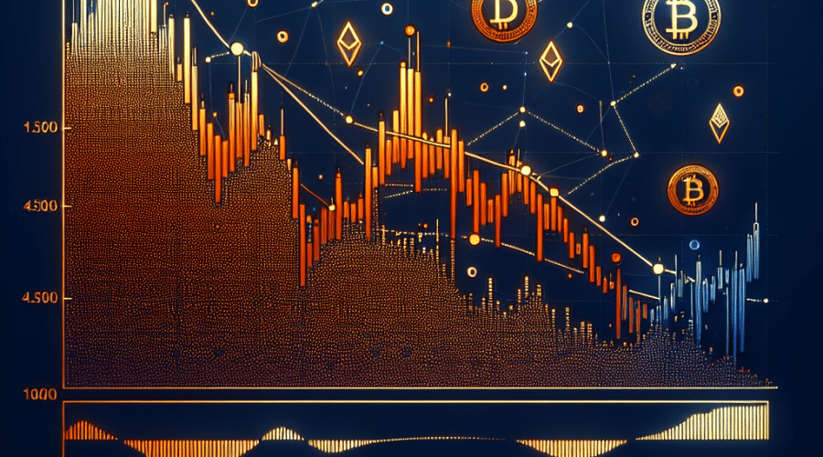 "Declining price chart of Polygon cryptocurrency filled with orange on a midnight blue background, highlighting a bearish technical pattern with dark blue lines, rising wedge pattern, and increased supply of stablecoins like DAI, USDC, and USDT in the Polygon network."