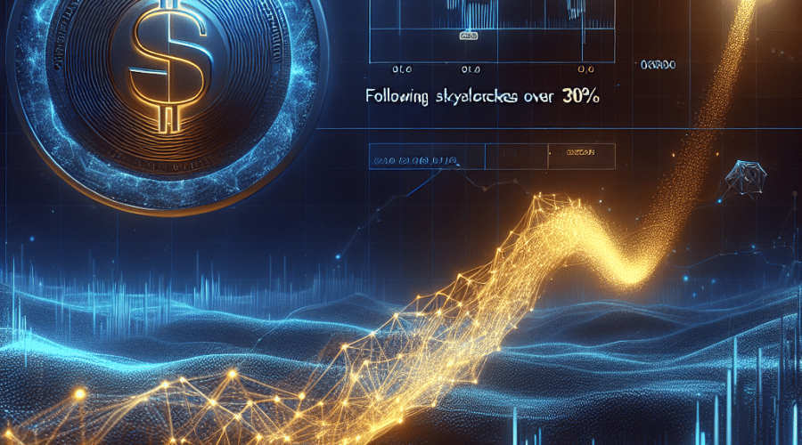 "Imagen de fondo de blockchain en azul medianoche estilizado digitalmente, con modelo 3D del token STO similar a una moneda de oro radiante rodeada de un resplandor naranja pulsante que simboliza su reciente aumento de valor. Gráfico de línea ascendente en blanco en el lado derecho que muestra el incremento de precios. Encabezado en blanco audaz que dice: 'El precio de STO se dispara más del 30%' y texto en azul oscuro en la parte inferior que dice: 'Tras listarse en Binance Exchange'."