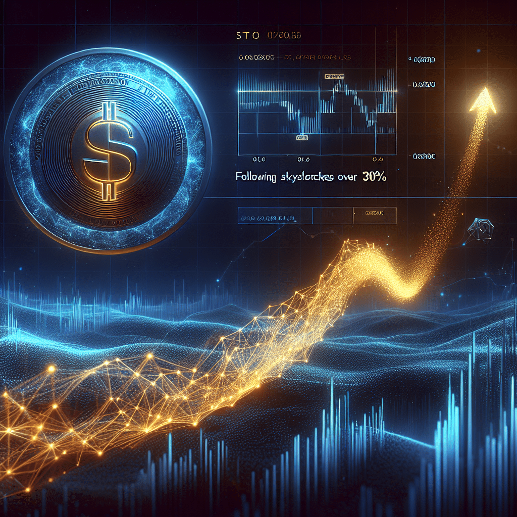 "Imagen de fondo de blockchain en azul medianoche estilizado digitalmente, con modelo 3D del token STO similar a una moneda de oro radiante rodeada de un resplandor naranja pulsante que simboliza su reciente aumento de valor. Gráfico de línea ascendente en blanco en el lado derecho que muestra el incremento de precios. Encabezado en blanco audaz que dice: 'El precio de STO se dispara más del 30%' y texto en azul oscuro en la parte inferior que dice: 'Tras listarse en Binance Exchange'."
