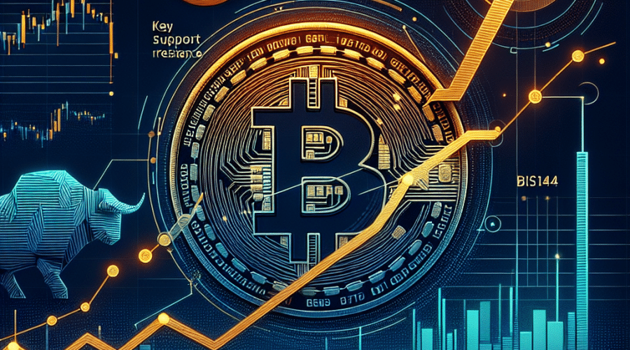"Imagen del activo digital FLOKI en trayectoria ascendente contra un fondo de gráfico digitalmente ilustrado con niveles clave de soporte y resistencia de 0.9030 y 0.1144 sats. Se incorporan elementos sutiles de un toro para significar la tendencia alcista del mercado. La imagen utiliza una combinación de colores de la marca: naranja #FF9811, azul oscuro #000D43 y azul medianoche #021B88, con una flecha ascendente pequeña para indicar un potencial aumento del 22% en el valor de FLOKI y una zona ápice para señalar un inminente avance. Tamaño de imagen 1200x628 píxeles."