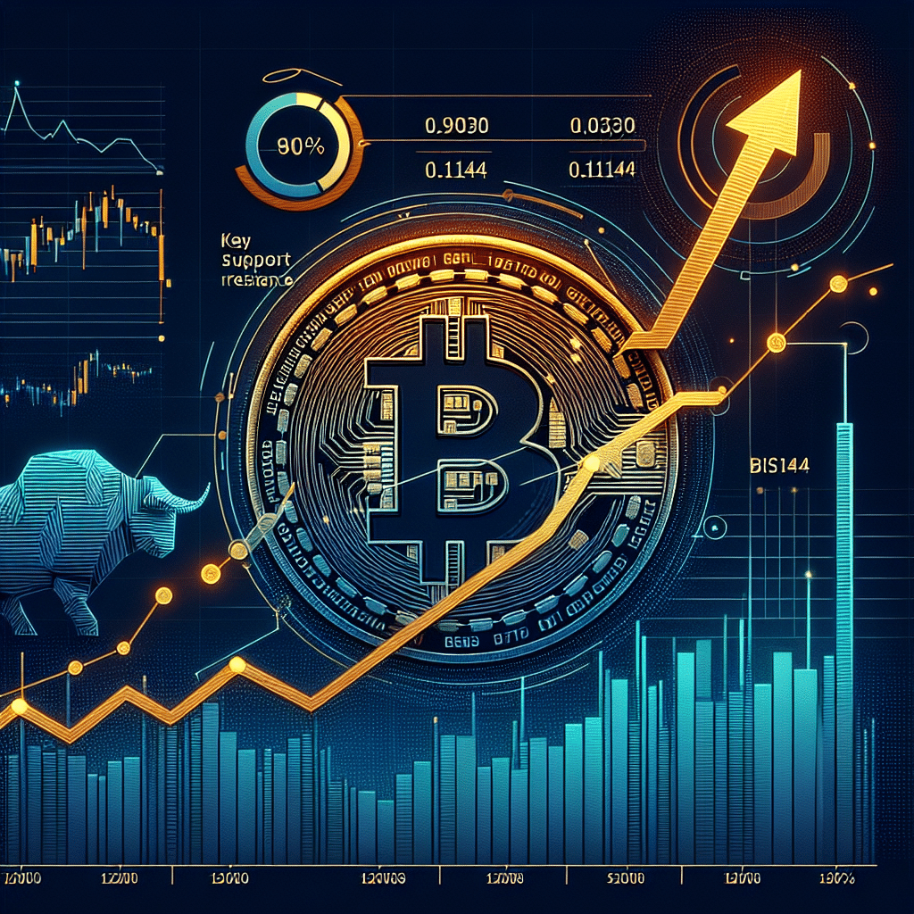 "Imagen del activo digital FLOKI en trayectoria ascendente contra un fondo de gráfico digitalmente ilustrado con niveles clave de soporte y resistencia de 0.9030 y 0.1144 sats. Se incorporan elementos sutiles de un toro para significar la tendencia alcista del mercado. La imagen utiliza una combinación de colores de la marca: naranja #FF9811, azul oscuro #000D43 y azul medianoche #021B88, con una flecha ascendente pequeña para indicar un potencial aumento del 22% en el valor de FLOKI y una zona ápice para señalar un inminente avance. Tamaño de imagen 1200x628 píxeles."