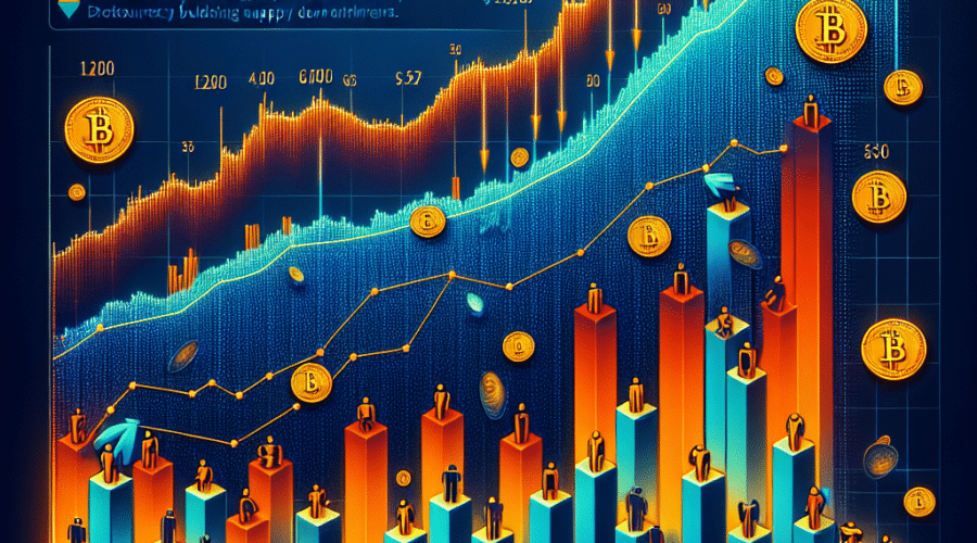 "Gráfico colorido que muestra el aumento del precio de Bitcoin y las entradas de fondos cotizados en bolsa, con íconos simbólicos que representan a los compradores minoristas e institucionales de Bitcoin en la parte inferior del gráfico. Monedas de Bitcoin cayendo desde la parte superior para significar la disminución del suministro. Usar naranja para el gráfico e íconos simbólicos, azul oscuro para el fondo, y azul medianoche para las monedas de Bitcoin. El texto dice 'Aumento del Precio de Bitcoin: Suministro Abajo, Demanda Arriba'. Tamaño de píxeles: 1200 x 628."