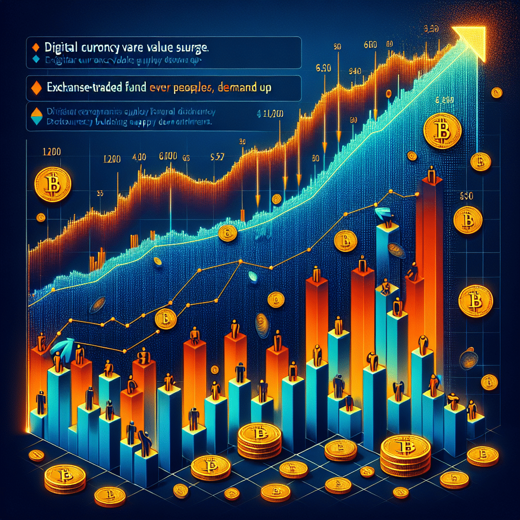"Gráfico colorido que muestra el aumento del precio de Bitcoin y las entradas de fondos cotizados en bolsa, con íconos simbólicos que representan a los compradores minoristas e institucionales de Bitcoin en la parte inferior del gráfico. Monedas de Bitcoin cayendo desde la parte superior para significar la disminución del suministro. Usar naranja para el gráfico e íconos simbólicos, azul oscuro para el fondo, y azul medianoche para las monedas de Bitcoin. El texto dice 'Aumento del Precio de Bitcoin: Suministro Abajo, Demanda Arriba'. Tamaño de píxeles: 1200 x 628."