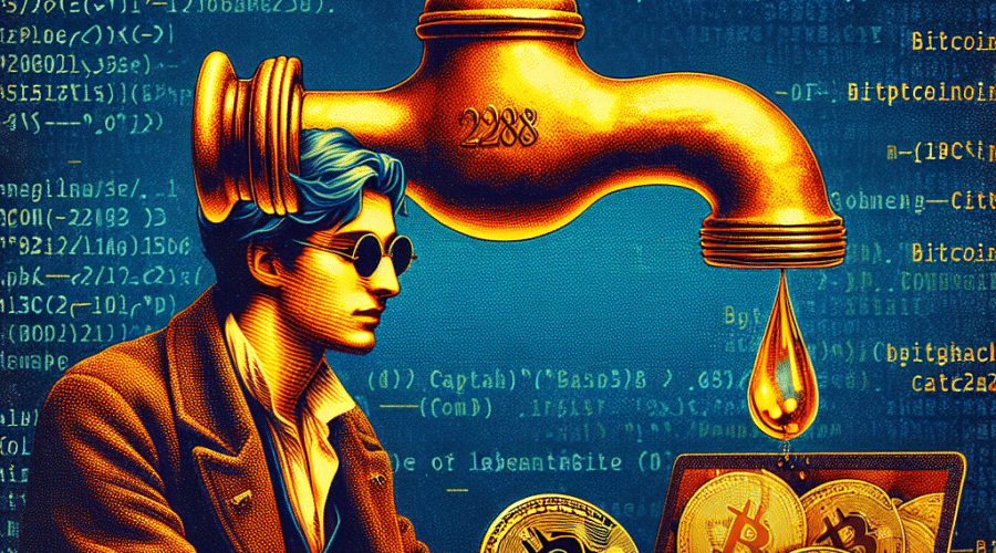 "Vintage gold faucet dispensing Bitcoins against a dark blue computer code background, featuring Charlie Shrem holding a laptop displaying the relaunched Bitcoin Faucet webpage, within dimensions of 1200x628 pixels. The dominant colors are orange, dark blue, and midnight blue, with the text overlay reading 'Bitcoin Faucet: A Legacy Revived'."