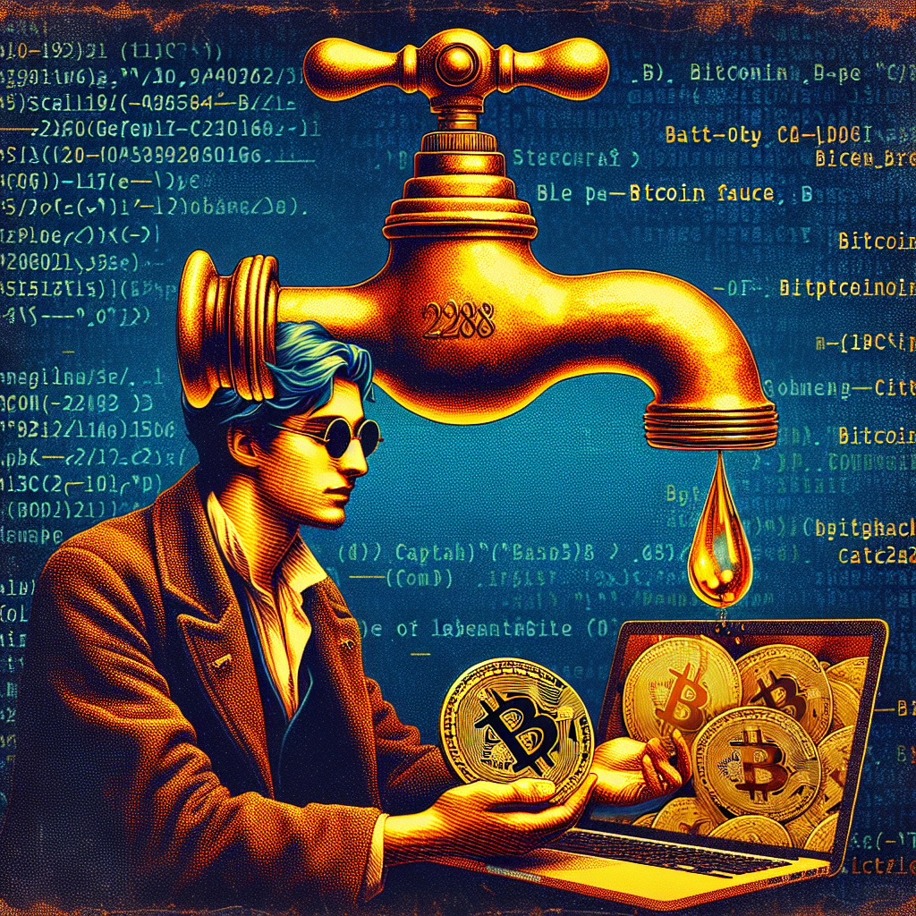 "Vintage gold faucet dispensing Bitcoins against a dark blue computer code background, featuring Charlie Shrem holding a laptop displaying the relaunched Bitcoin Faucet webpage, within dimensions of 1200x628 pixels. The dominant colors are orange, dark blue, and midnight blue, with the text overlay reading 'Bitcoin Faucet: A Legacy Revived'."