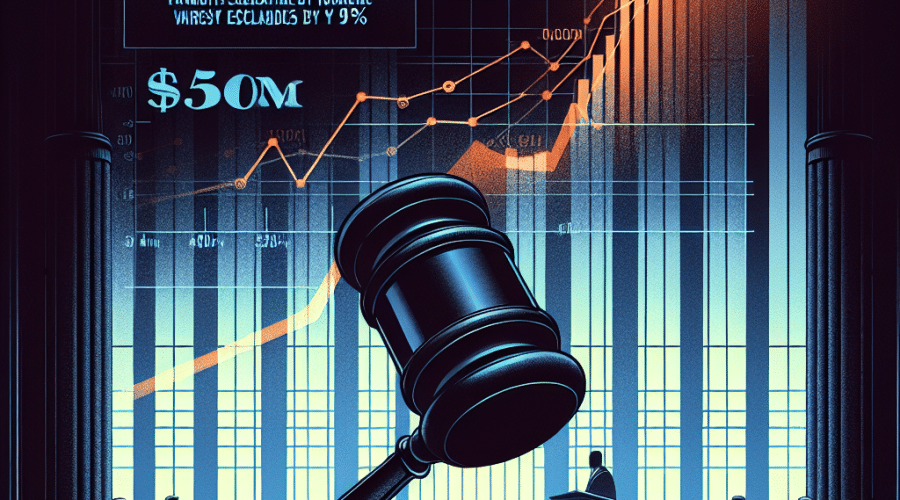 "Digital courtroom scene with a gavel silhouette and an upward trend chart showing XRP's value surge after the Ripple and SEC $50M settlement, with powerful headlines written in vibrant colors"