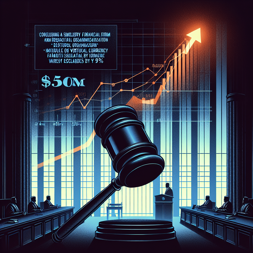 "Digital courtroom scene with a gavel silhouette and an upward trend chart showing XRP's value surge after the Ripple and SEC $50M settlement, with powerful headlines written in vibrant colors"