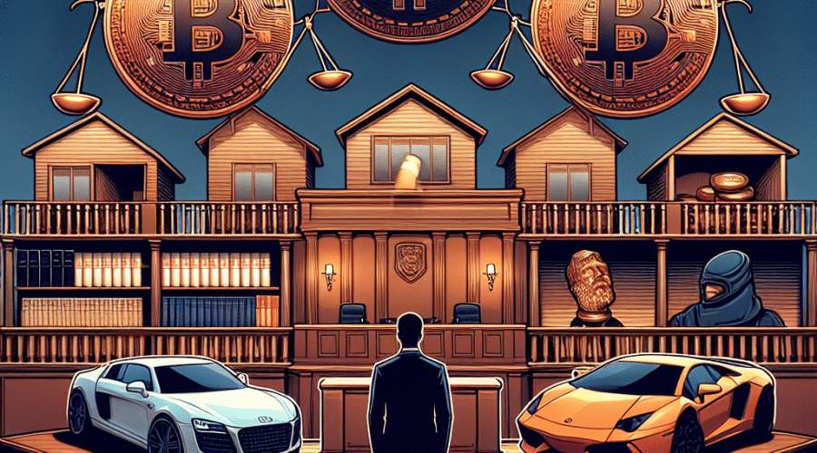 "Former SafeMoon CEO, Braden Karony found guilty against a backdrop of court symbols, luxury lifestyle and the SafeMoon token in decline, portrayed in a balanced blend of brand colors - orange, dark and midnight blue. Image size: 1200 x 628 pixels."