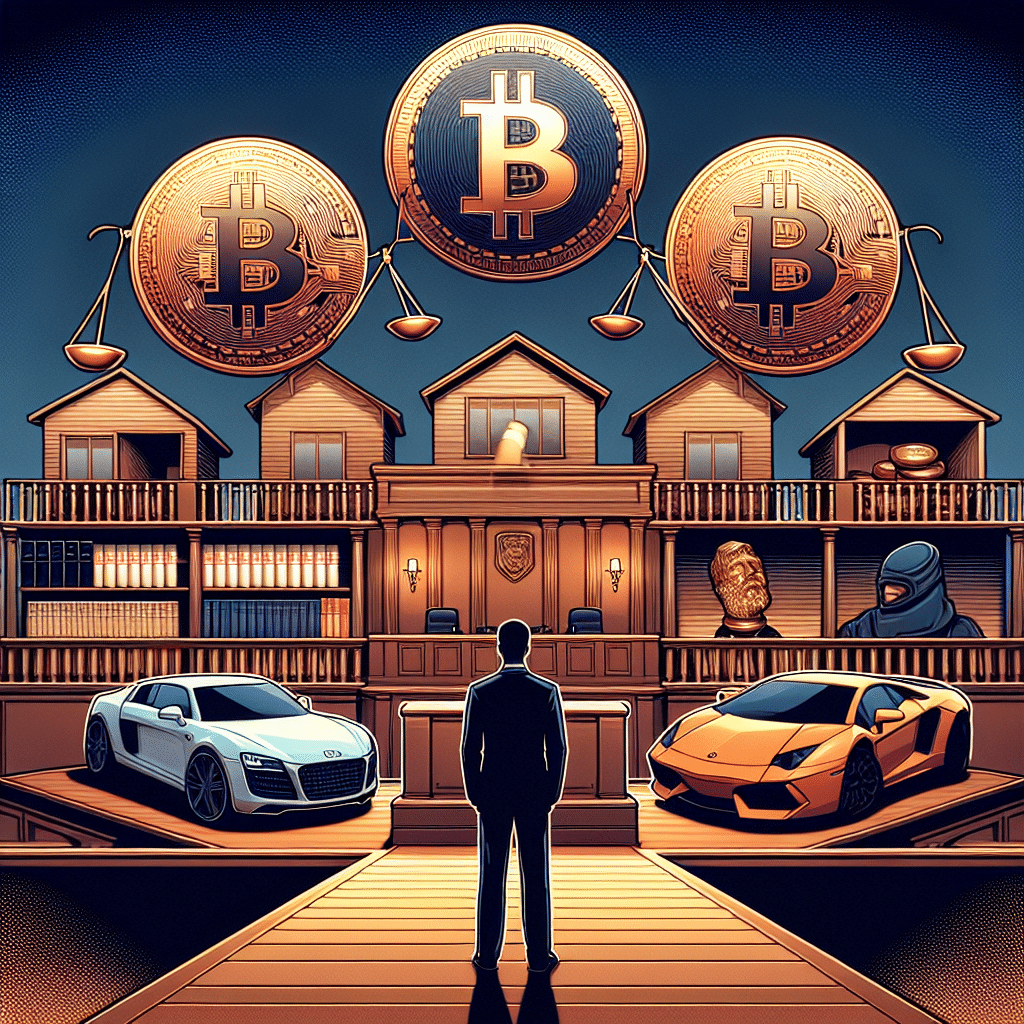 "Former SafeMoon CEO, Braden Karony found guilty against a backdrop of court symbols, luxury lifestyle and the SafeMoon token in decline, portrayed in a balanced blend of brand colors - orange, dark and midnight blue. Image size: 1200 x 628 pixels."