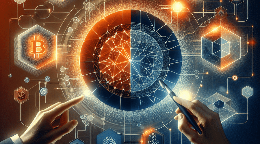 "Corporate partnership illustration between SOL Strategies and DigitalX Limited, set against a visually secure blockchain network backdrop. The image uses brand colours of prominent Orange (#FF9811), Dark Blue (#000D43) and Midnight Blue (#021B88) to emphasize the institutional appeal of SOL Strategies and DigitalX's focus on blockchain expansion. With dimensions of 1200 x 628 pixels, it provides a clean and professional visual for a Wordpress article on digital asset strategies."