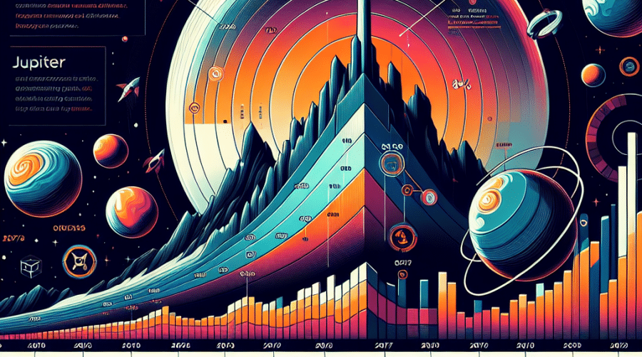 "Cree una imagen digital infográfica ilustrando el crecimiento del volumen del DEX de Solana en 2025. Resalte el hito de 806.8 mil millones de dólares, que representa un aumento del 400% con respecto al año pasado. Use una gráfica para ilustrar la contribución de enero de más de la mitad del volumen total debido al rally del mercado. Destaque el dominio de Júpiter en el volumen del DEX de Solana, representando el 55% de todas las transacciones. Incluya también elementos que representan la contribución de Raydium, Meteora, Orca y SolFi al ecosistema. Utilice una paleta de colores compuesta por Naranja (#FF9811), Azul Oscuro (#000D43) y Azul Medianoche (#021B88). Dimensione la imagen a 1200 x 628 píxeles."