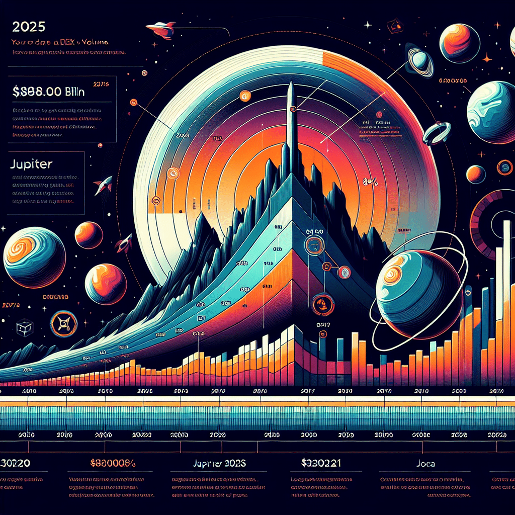 "Cree una imagen digital infográfica ilustrando el crecimiento del volumen del DEX de Solana en 2025. Resalte el hito de 806.8 mil millones de dólares, que representa un aumento del 400% con respecto al año pasado. Use una gráfica para ilustrar la contribución de enero de más de la mitad del volumen total debido al rally del mercado. Destaque el dominio de Júpiter en el volumen del DEX de Solana, representando el 55% de todas las transacciones. Incluya también elementos que representan la contribución de Raydium, Meteora, Orca y SolFi al ecosistema. Utilice una paleta de colores compuesta por Naranja (#FF9811), Azul Oscuro (#000D43) y Azul Medianoche (#021B88). Dimensione la imagen a 1200 x 628 píxeles."