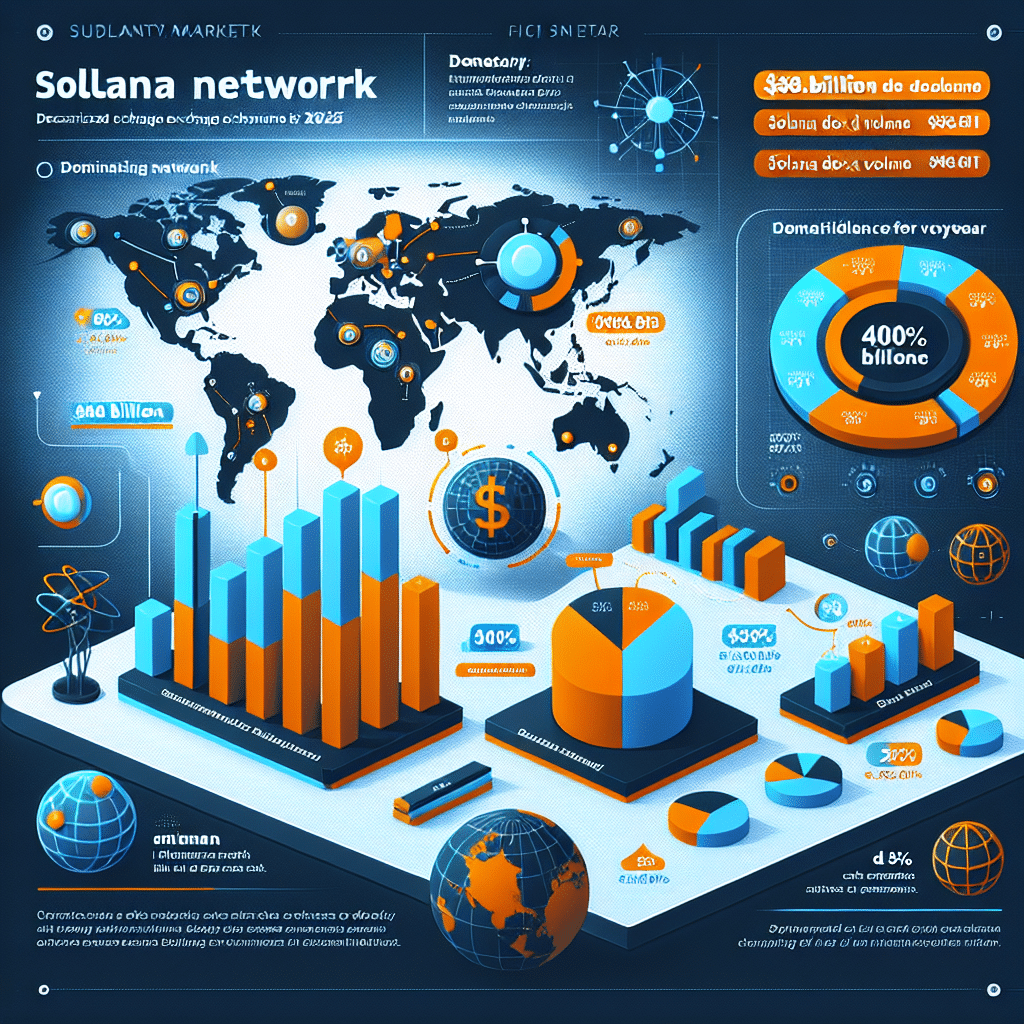 "Infographic depicting Solana network's DEX volume growth to 6.8 billion by 2025, marking a 400% increase from the previous year. Visuals include bar graphs, pie charts, and the dominant Jupiter exchange logo. The Solana logo's emphasis, coloured in its brand Orange(#FF9811), contrasts with Ethereum's Midnight Blue(#021B88): a representation of their respective standings in DEX volume. Dark Blue(#000D43) is used for neutral elements, highlighting the global network activity on a subtle world map in the background."