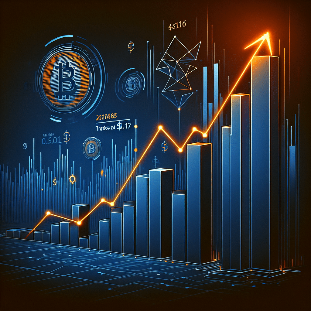 "SEO Alt text: An upward trending orange graph on a midnight blue background, indicating a 30% surge, with StakeStone logo leading to Binance logo, signifying a successful listing. Text stating 'STO Trades at $0.17' with a monetary symbol in the background, embodying growth and success. Image size is 1200 x 628 pixels, design is clean, minimal and professional."