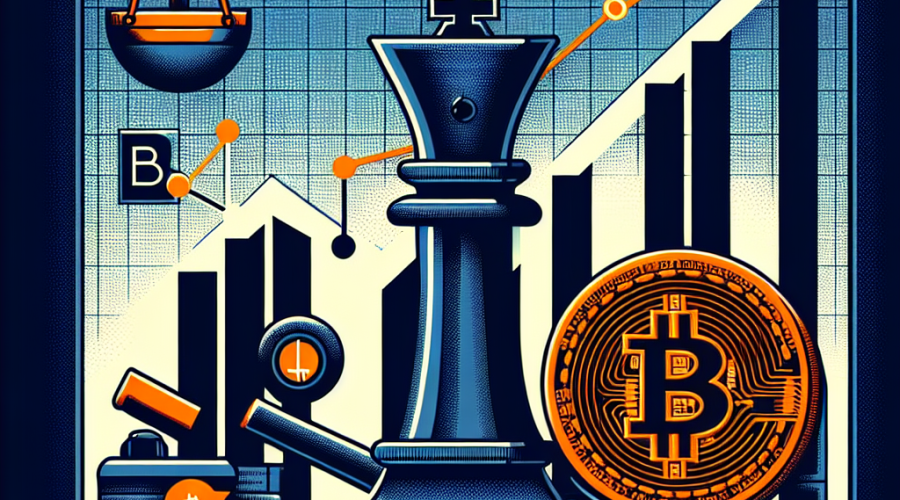 "SEO Alt-text: Dark blue background featuring a graphic of a strategy chess piece with a Bitcoin emblem, alongside an orange ascending chart indicating the surge in Bitcoin acquisition. Headlines boldly stating 'Strategy's Bitcoin Acquisition Amidst Lawsuit'. Subtly depicted gavel or legal scales in midnight blue, symbolizing the lawsuit, are located at the bottom right."