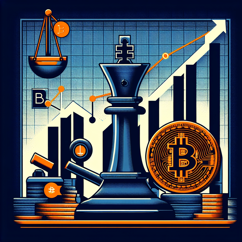"SEO Alt-text: Dark blue background featuring a graphic of a strategy chess piece with a Bitcoin emblem, alongside an orange ascending chart indicating the surge in Bitcoin acquisition. Headlines boldly stating 'Strategy's Bitcoin Acquisition Amidst Lawsuit'. Subtly depicted gavel or legal scales in midnight blue, symbolizing the lawsuit, are located at the bottom right."
