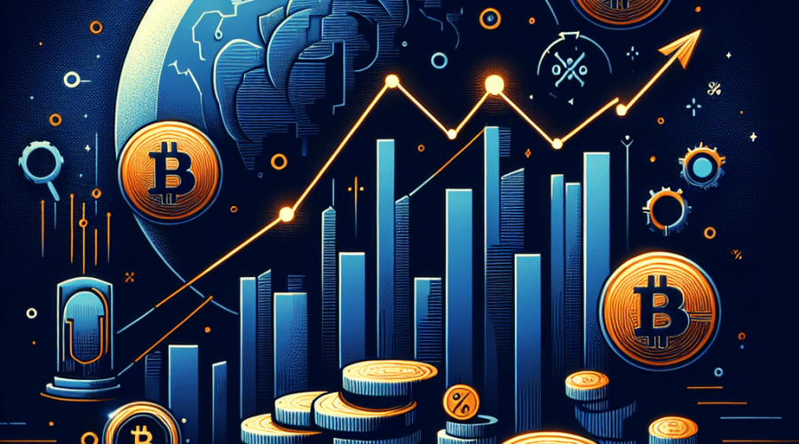 "Dark Blue Strategy logo with Orange Bitcoin elements set on a Midnight Blue line graph subtly implying an increase in Bitcoin acquisition. Incorporates a faint percentage symbol, highlighting Strategy's stake in total Bitcoin supply. Document symbol/gavel hinting recent controversy, implying the extensive investment amount and future projections."
