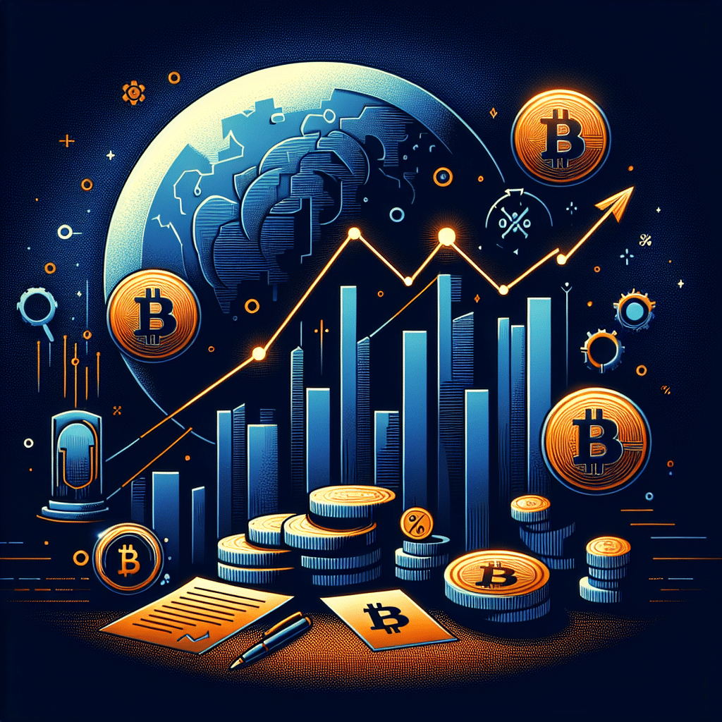 "Dark Blue Strategy logo with Orange Bitcoin elements set on a Midnight Blue line graph subtly implying an increase in Bitcoin acquisition. Incorporates a faint percentage symbol, highlighting Strategy's stake in total Bitcoin supply. Document symbol/gavel hinting recent controversy, implying the extensive investment amount and future projections."