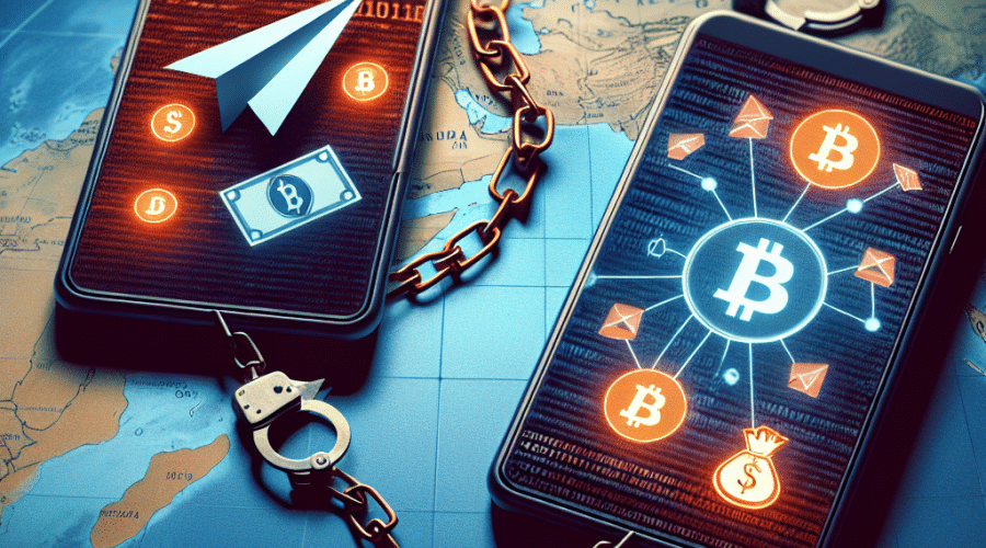 "Digital illustration featuring a Telegram logo on one mobile phone connected by a chain of cryptocurrency and crime symbols on another, set against a globally focused backdrop featuring China, Cambodia and the USA. Image coloured in brand-consistent shades of dark and midnight blue, with highlights in vivid orange. The image is layered with an intricate binary code pattern to represent the digital nature of crypto-crime marketplaces."