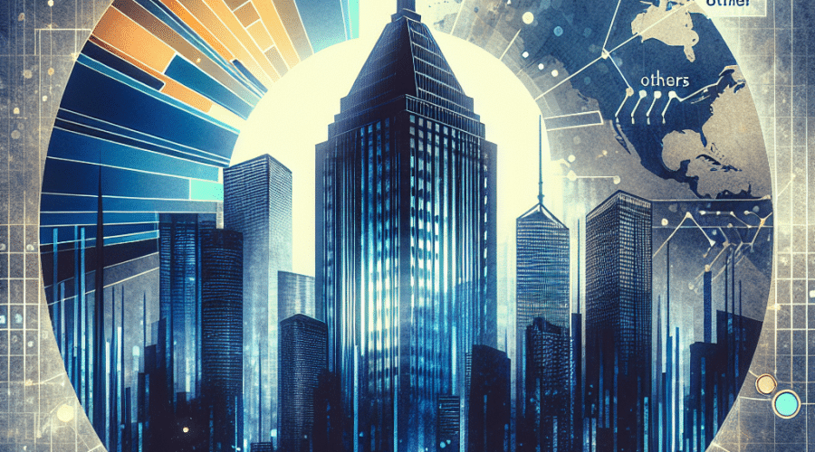 "Midnight Blue skyscraper silhouette encapsulating a color-coded pie chart of RWA asset distribution with 'Treasury Bills and Gold' in Orange, 'Private Credit' in Dark Blue, and 'Others' in lighter blue, set against a global map backdrop with digital streams symbolizing tokenization. Image bordered in white, titled 'Tokenization Race in the Real World Asset Market' in bold white font."