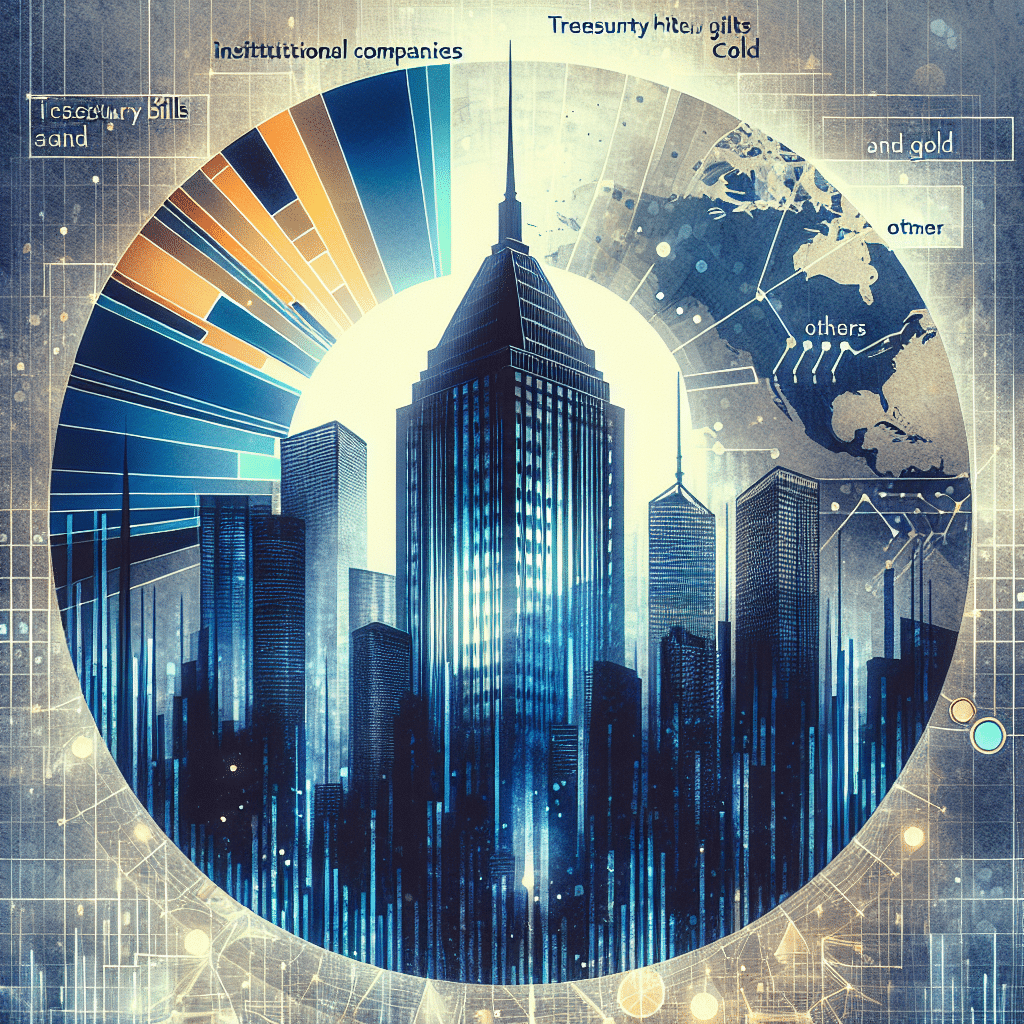 "Midnight Blue skyscraper silhouette encapsulating a color-coded pie chart of RWA asset distribution with 'Treasury Bills and Gold' in Orange, 'Private Credit' in Dark Blue, and 'Others' in lighter blue, set against a global map backdrop with digital streams symbolizing tokenization. Image bordered in white, titled 'Tokenization Race in the Real World Asset Market' in bold white font."