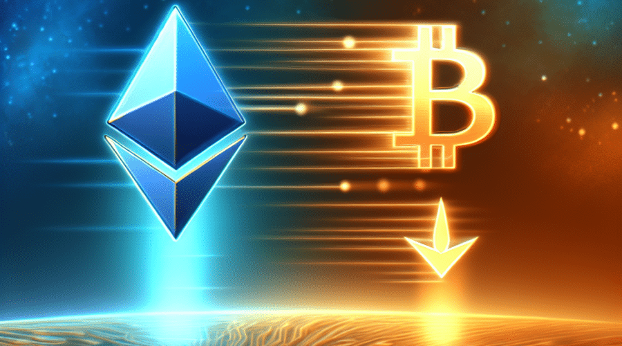 "Company Two Prime moving focus from Ethereum to Bitcoin, symbolised by declining Ethereum logo in midnight blue and rising Bitcoin logo in vibrant orange with the company's logo in dark blue acting as transition point."