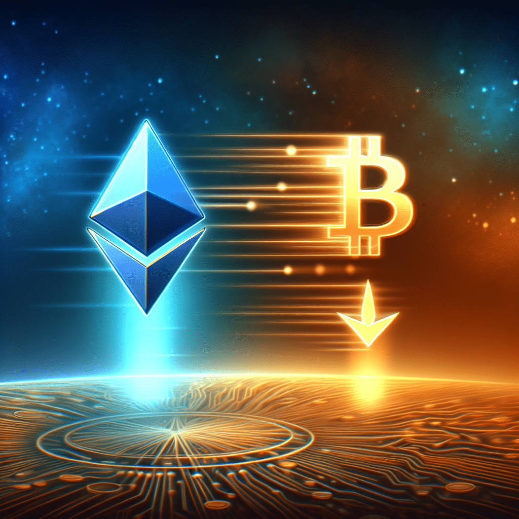"Company Two Prime moving focus from Ethereum to Bitcoin, symbolised by declining Ethereum logo in midnight blue and rising Bitcoin logo in vibrant orange with the company's logo in dark blue acting as transition point."