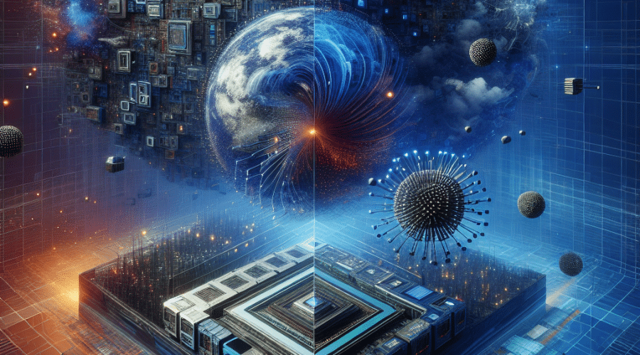 "Overhead view of a network of CPUs and GPUs interconnected in a digital landscape, symbolizing AI workloads through layered numbers and algorithms. The image features a global availability theme with a subtle globe-like background. Presented in brand's Dark Blue primary colour, Midnight Blue for shadows and depth, and vibrant orange for highlights and focus points."