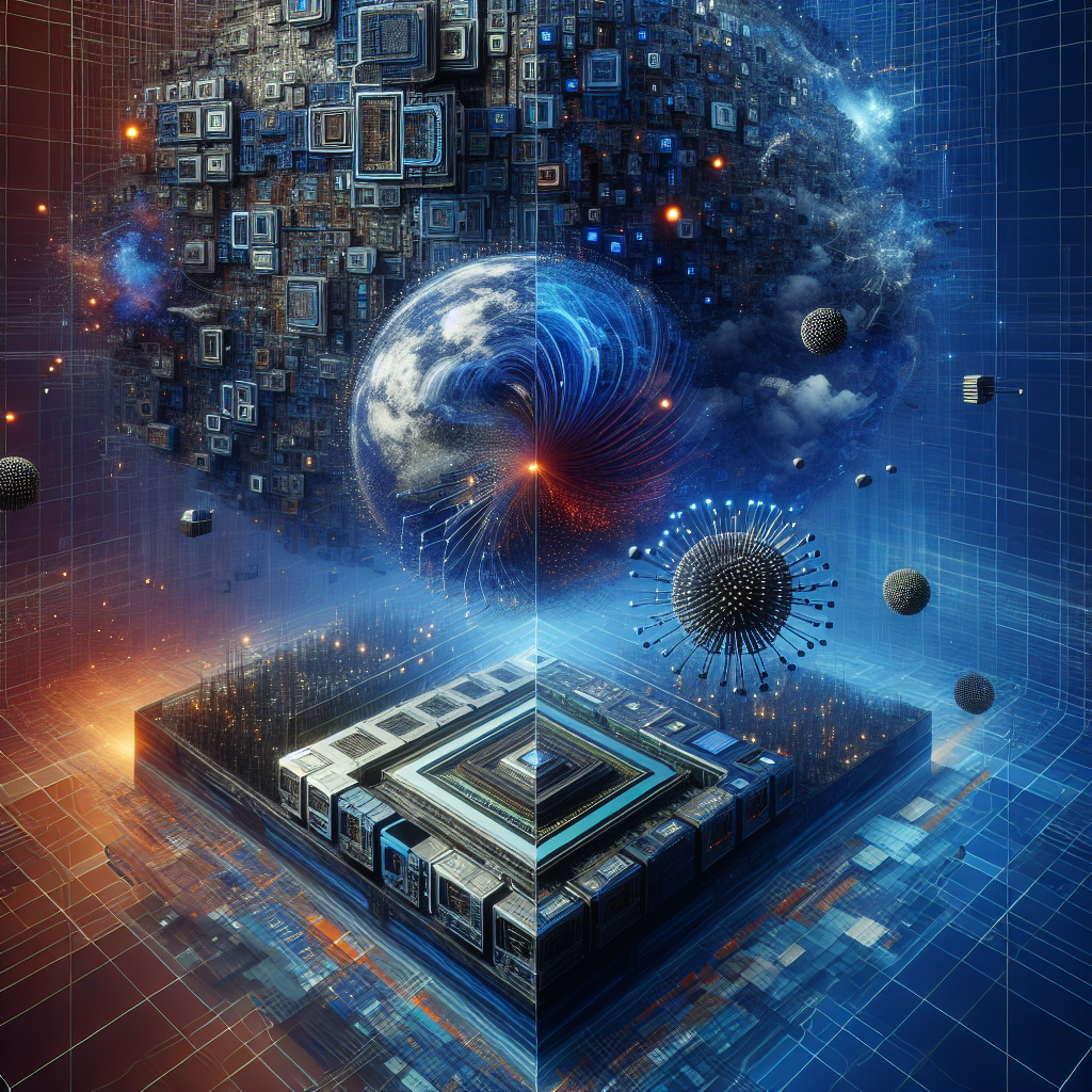 "Overhead view of a network of CPUs and GPUs interconnected in a digital landscape, symbolizing AI workloads through layered numbers and algorithms. The image features a global availability theme with a subtle globe-like background. Presented in brand's Dark Blue primary colour, Midnight Blue for shadows and depth, and vibrant orange for highlights and focus points."